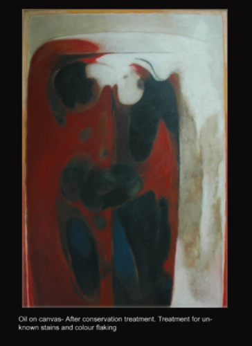 Oil on canvas- After conservation. Treatment for unknown stains and colour flaking
